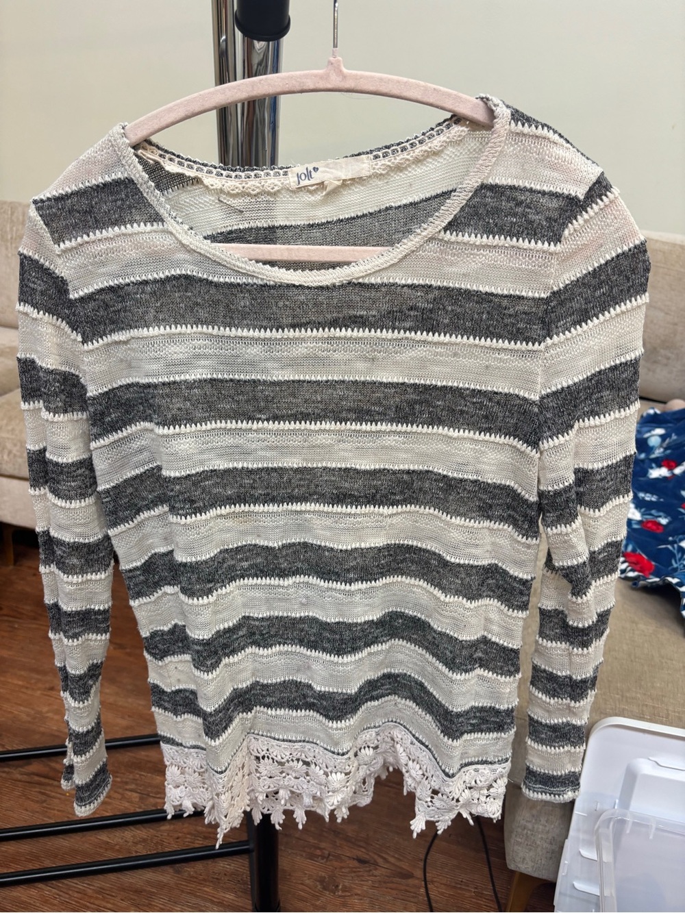 Jolt Gray & Cream Striped Crochet-Hem Long Sleeve Top